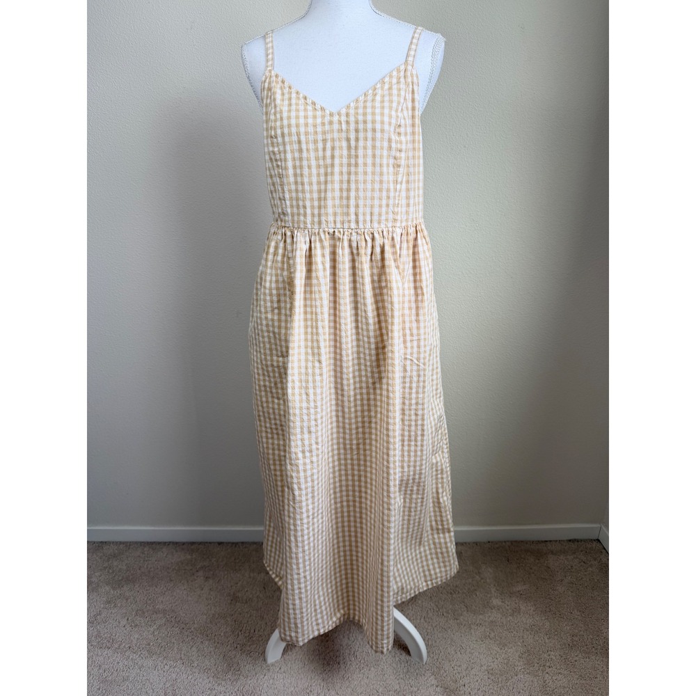 Old Navy Womens 100% Cotton Midi Dress M Tan Gingham Plaid Pockets Summer Picnic